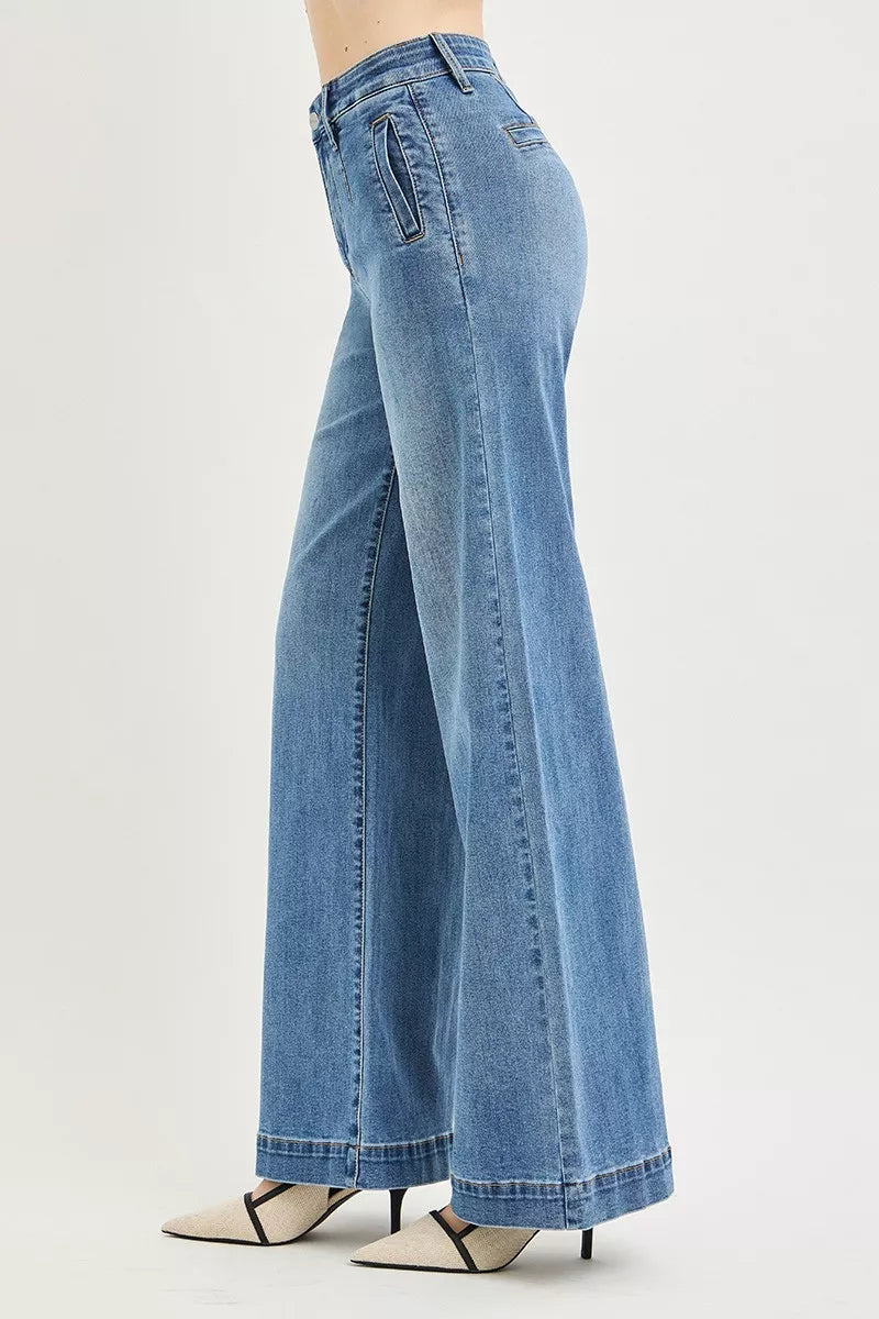 RISEN Tummy Control Elastic Band High Rise Wide Jeans-3