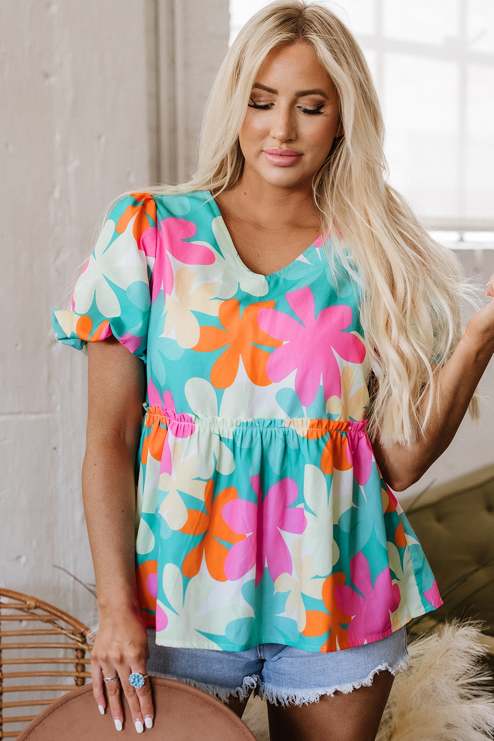 Kathryn Bubble Sleeve Peplum Blouse-4