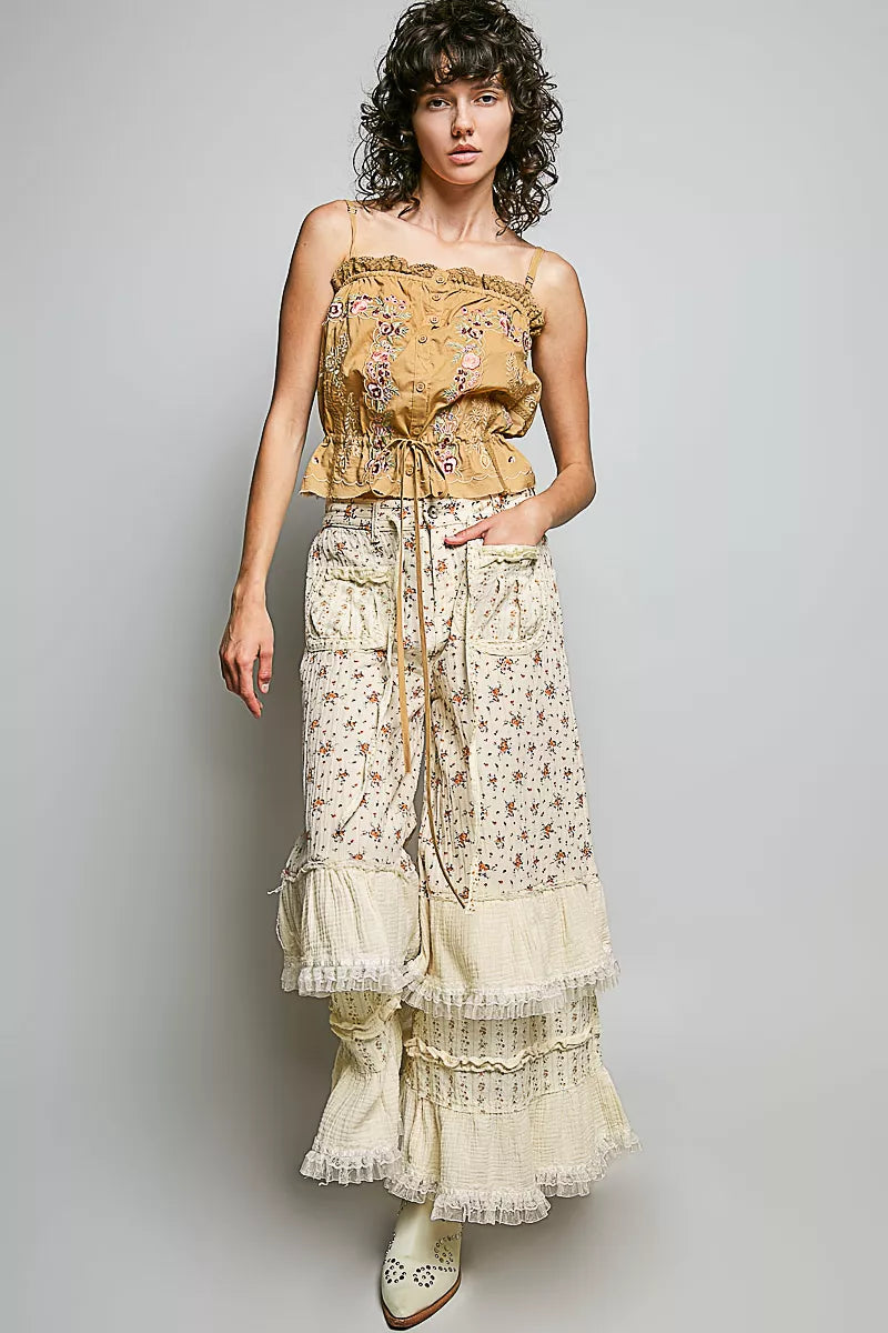 POL Button Down Floral Embroidered Cropped Cami with Lace Detail-4