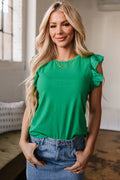 Nellie Embroidered Ruffled Sleeve Slim Fit Crew Neck Top-0