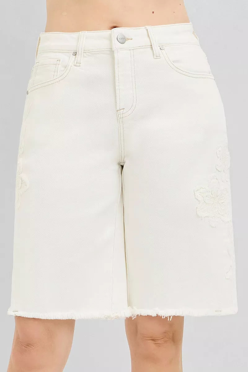 RISEN Slouchy Relaxed Floral Embroidered Bermuda Denim Shorts-0