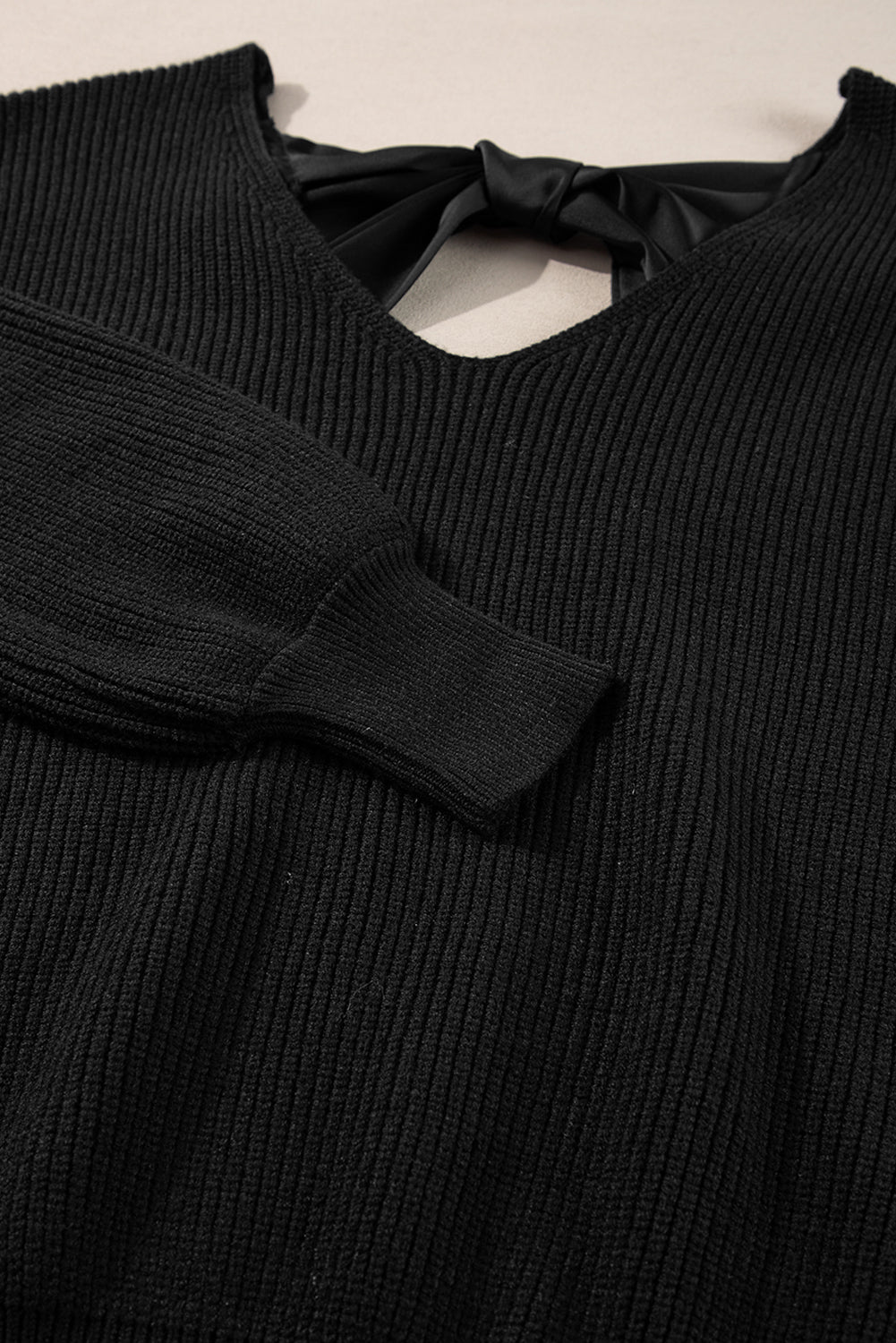 Black Lantern Sleeve V Neck Knot Back Sweater