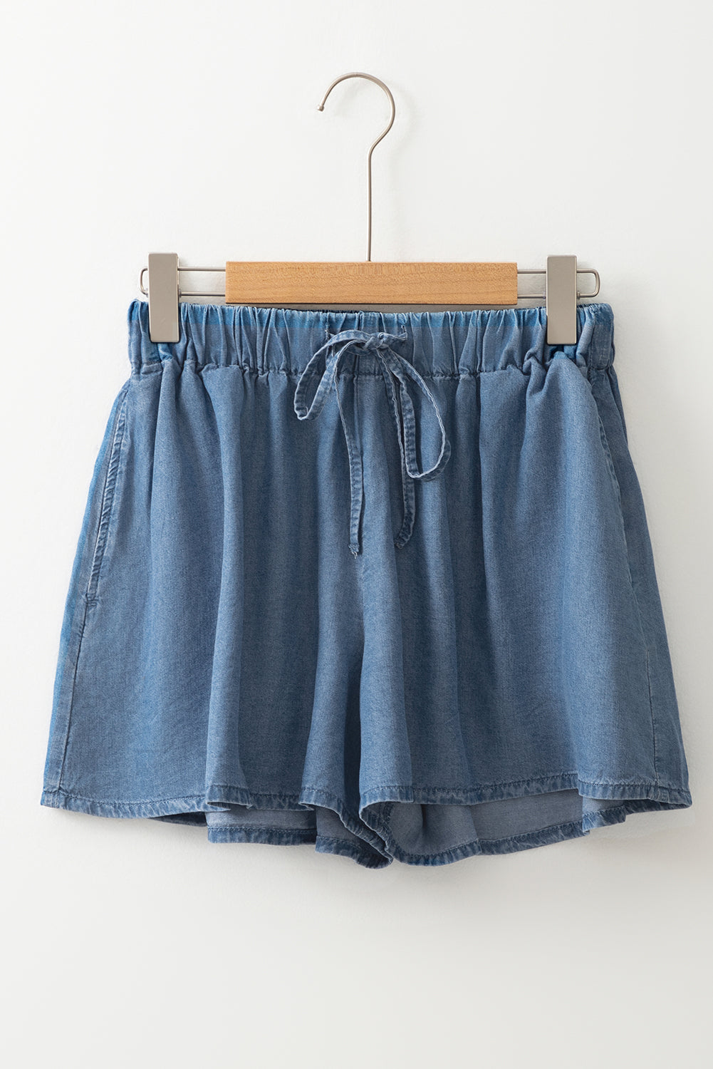 Dusk Blue Drawstring Elastic Waist Wide Leg Denim Shorts