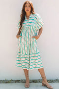 Billie Striped Floral Tie Split Neck Puff Sleeve Midi Dress-0