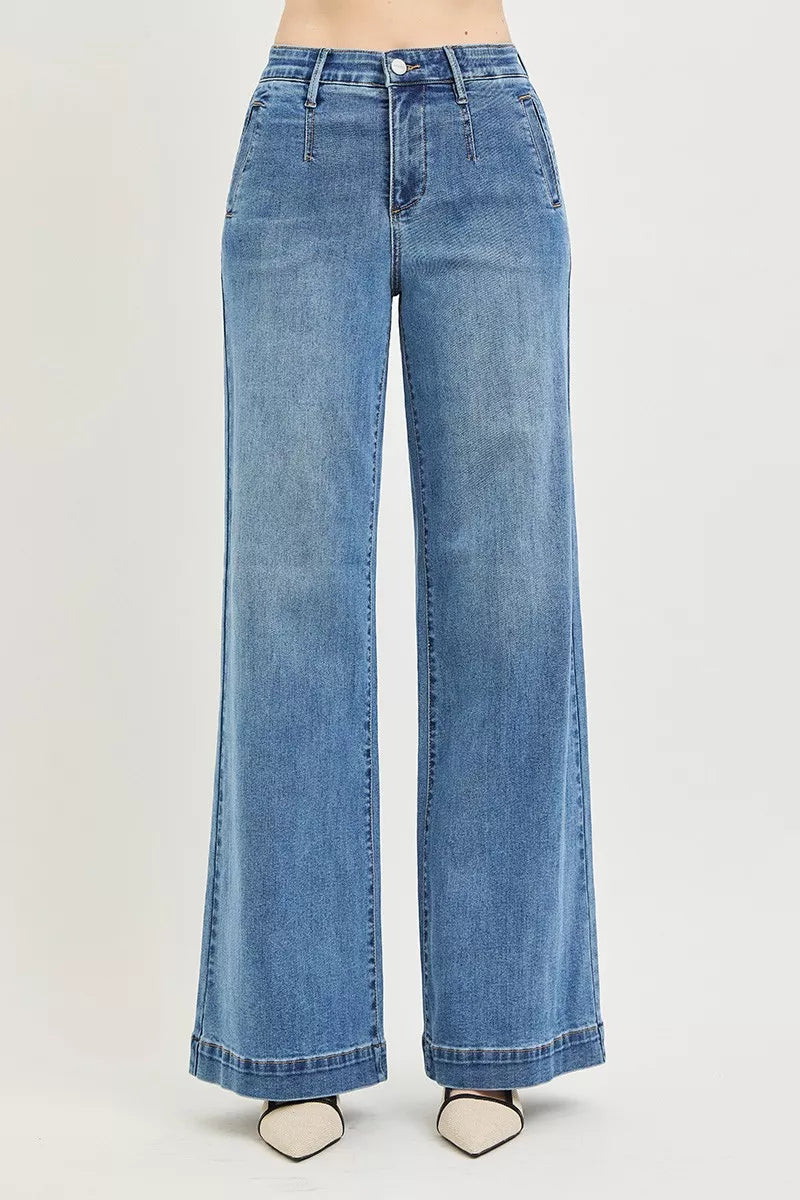 RISEN Tummy Control Elastic Band High Rise Wide Jeans-2