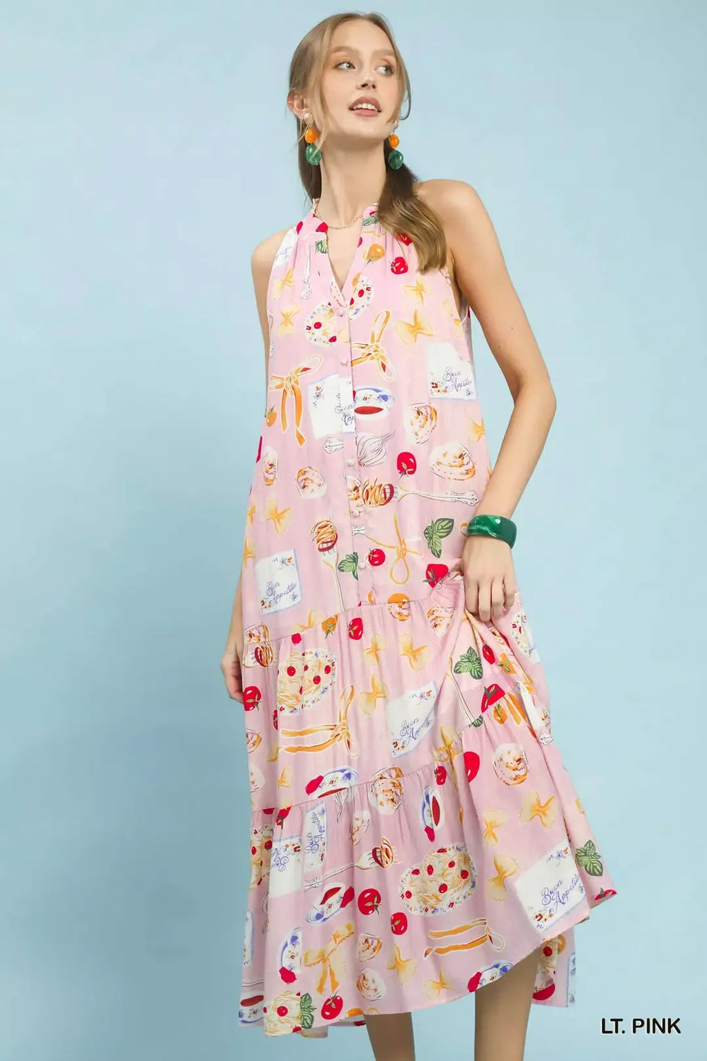 Umgee Abstract Print Tiered Halter Midi Dress-0