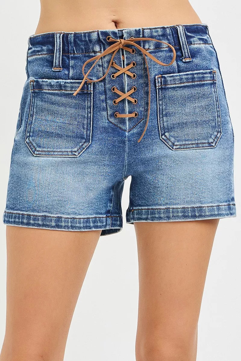 RISEN High Rise Front Tie Up Shorts with Patch Pockets-0