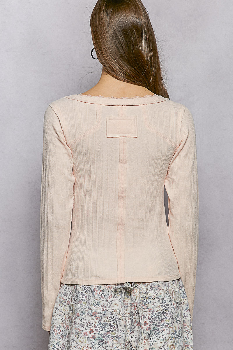 POL V-Neck Long Sleeve Ribbed Top with Lace-Accent Neckband-3