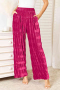Double Take Full Size High Waist Tiered Shirring Velvet Wide Leg Pants-0