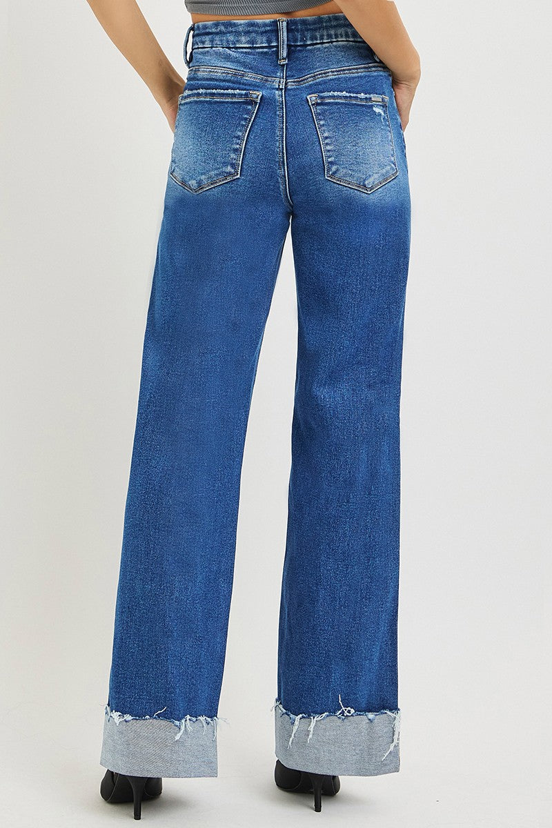 RISEN High Rise Wide Leg Jeans With Cuffed Hem-4