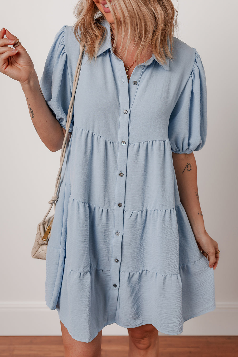 Arya Shirt Collar Button Up Puff Sleeve Tiered Dress-3
