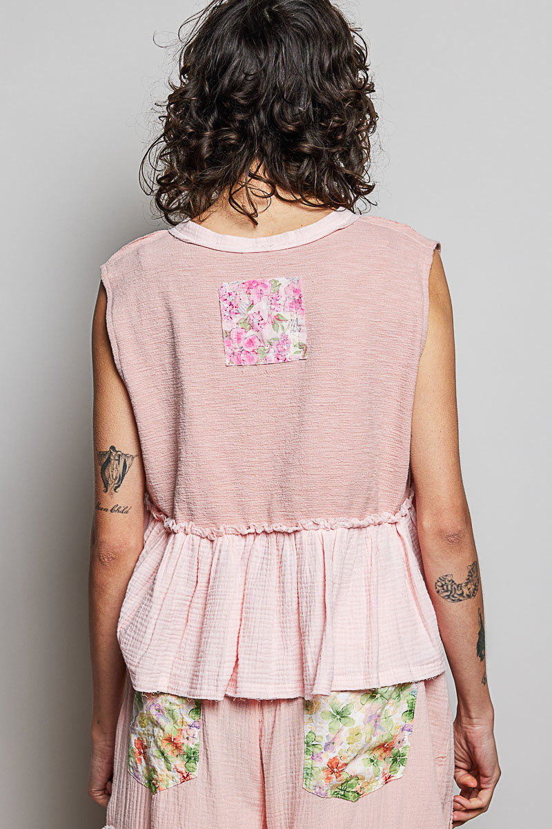 POL Floral Patch Ruffled Sleeveless Top with Raw Edge Detail-3