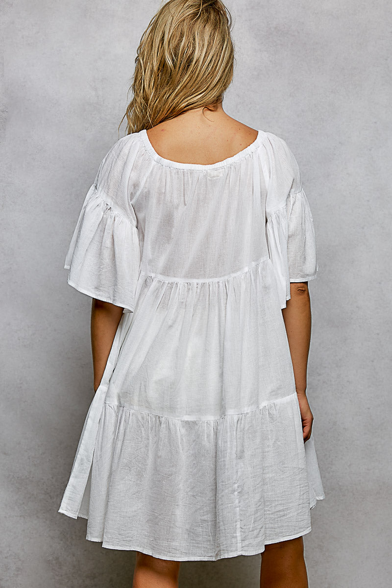 POL Tied Tassel Embroidery Half Flared Sleeve Mini Dress-3