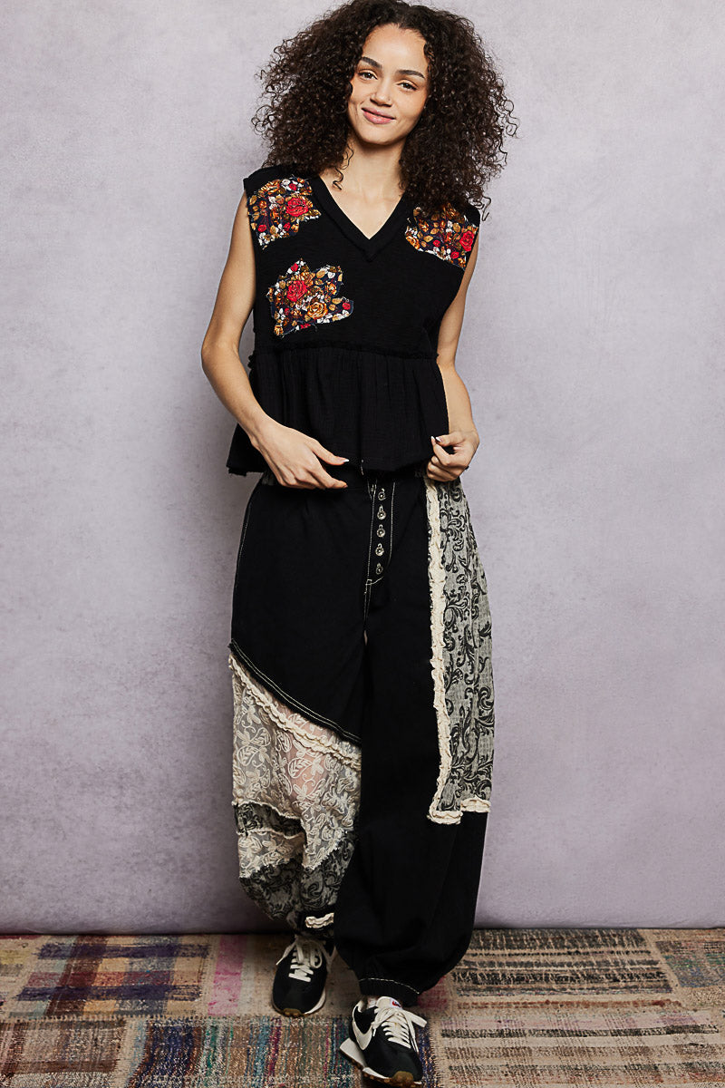 POL Floral Patch Ruffled Sleeveless Top with Raw Edge Detail-4