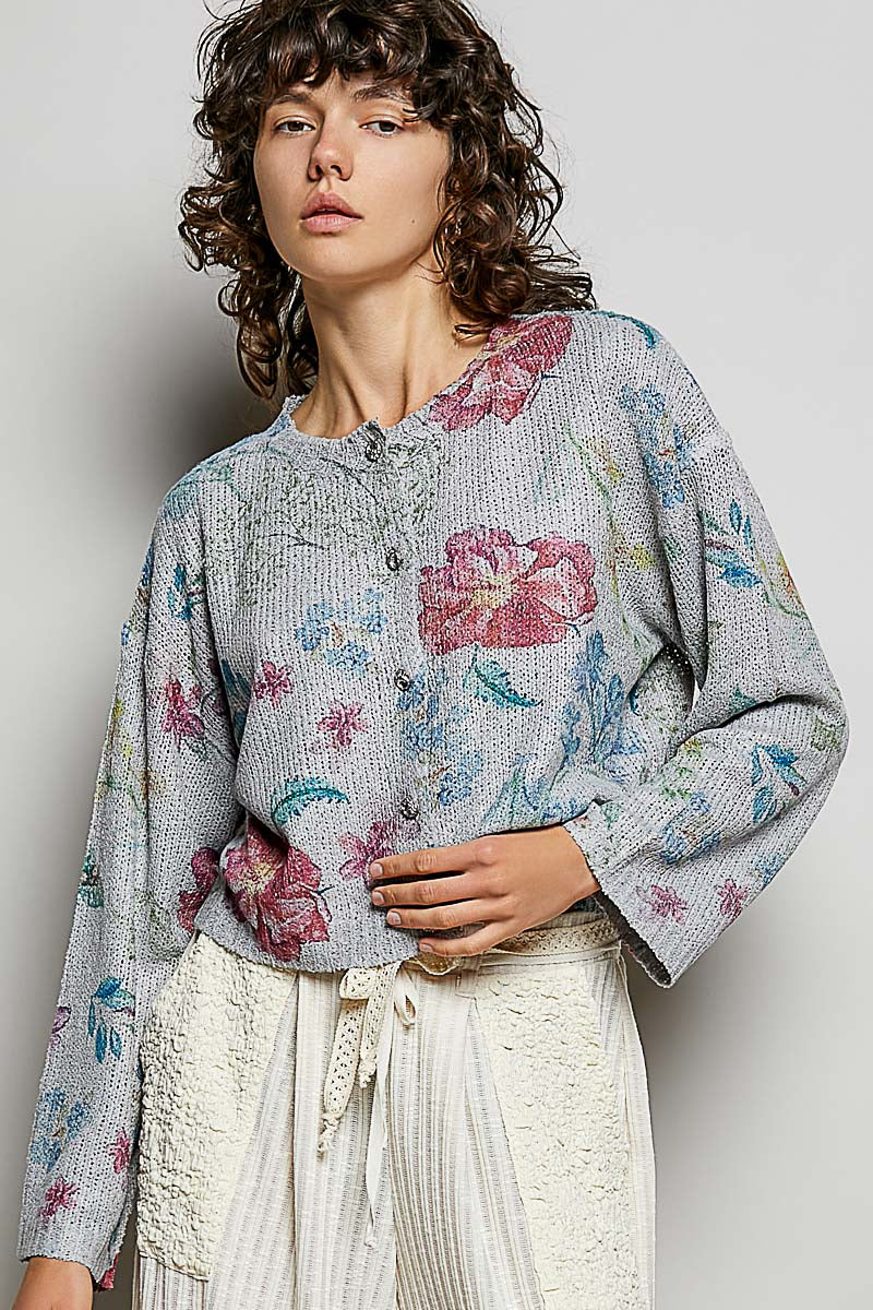 POL Floral Print Button-Down Knit Cardigan-1