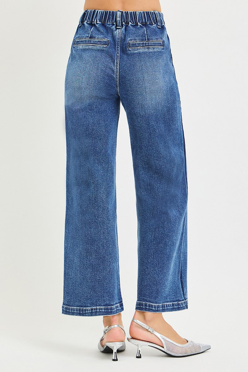 RISEN Elastic Band High Rise Cropped Wide Jeans-4