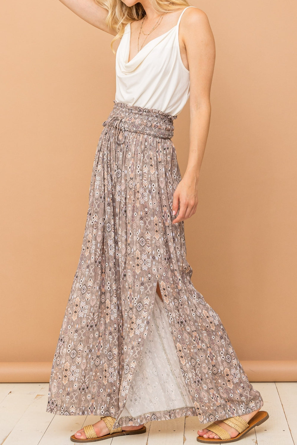 And The Why Printed Smocked Waist Slit Wide Leg Pants-0