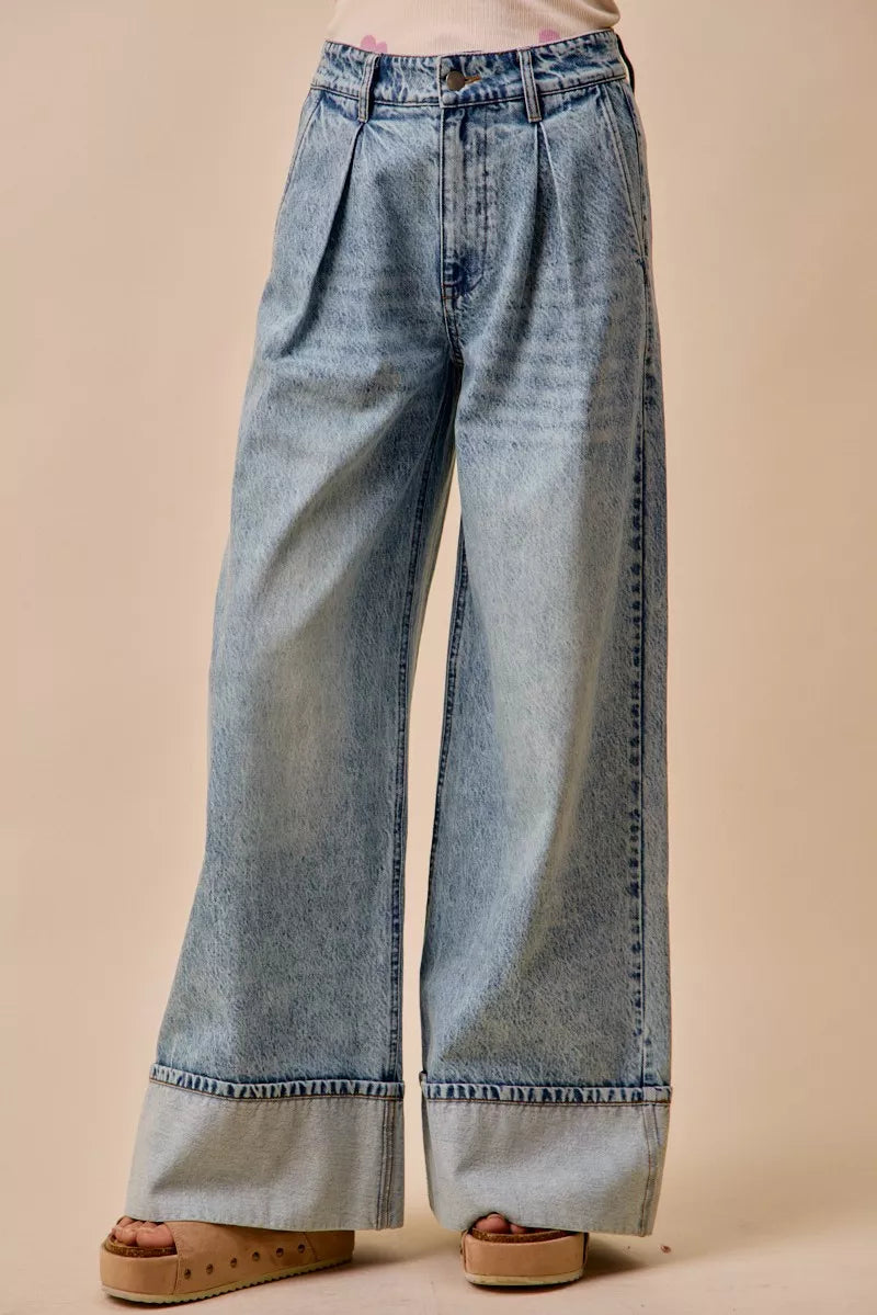 SO ME Mid Rise Plated Wid Leg Denim Jean-2