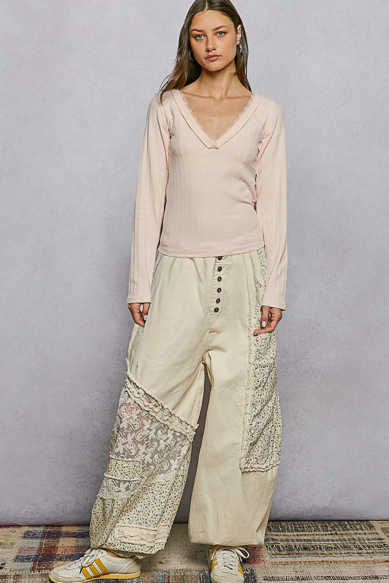 POL V-Neck Long Sleeve Ribbed Top with Lace-Accent Neckband-4