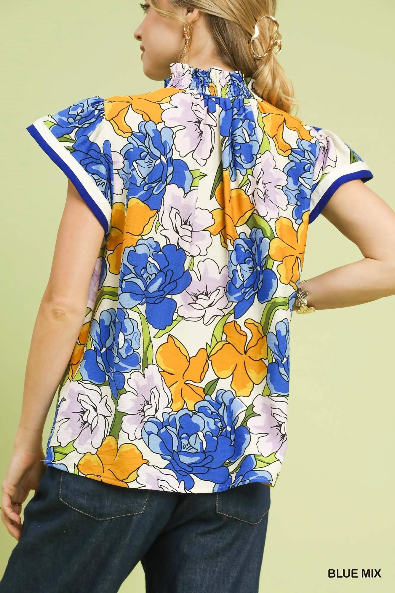 Umgee Floral Print Blouse with Contrast Trim-2