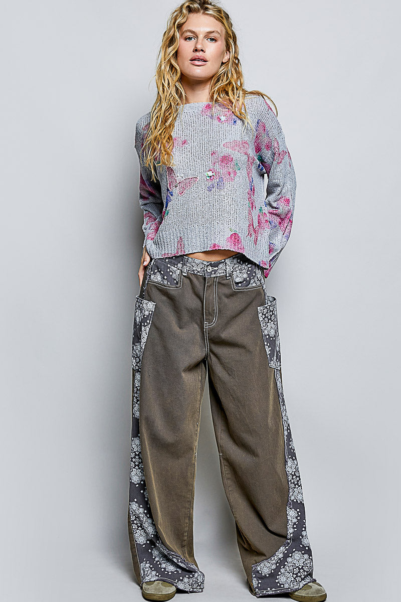 POL Ribbed Butterfly Print Round Neck Knit Top-4