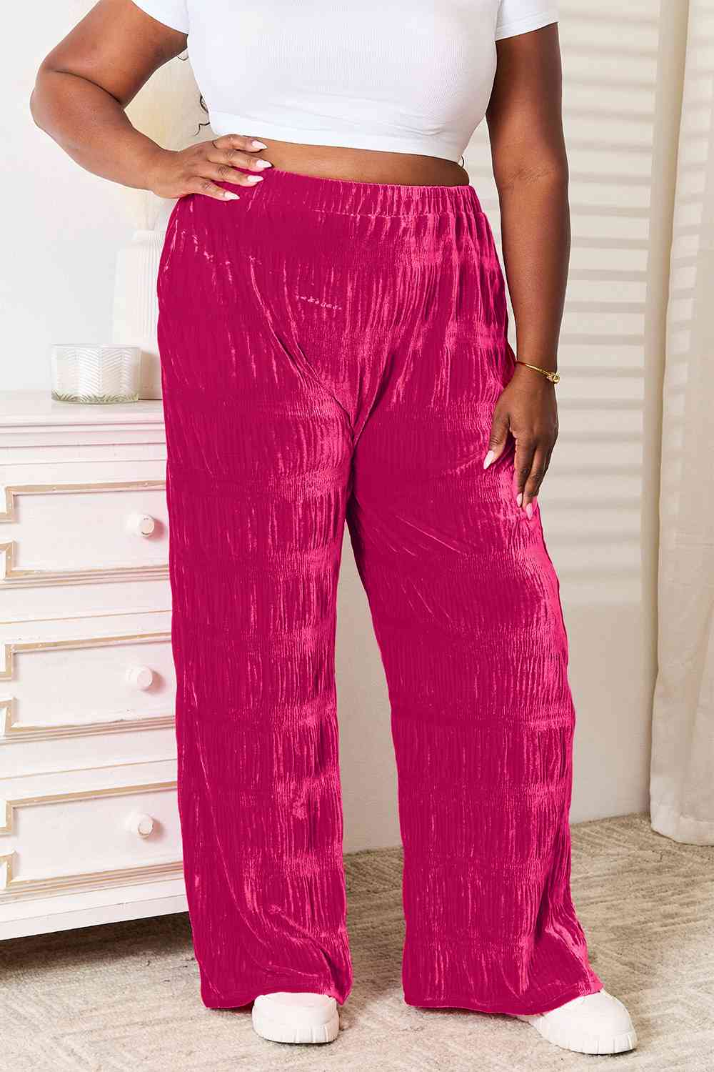Double Take Full Size High Waist Tiered Shirring Velvet Wide Leg Pants-2