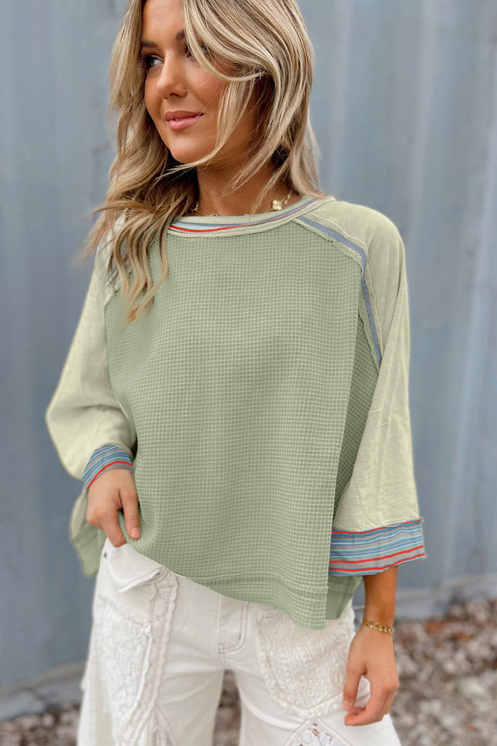 Meadow Mist Green Waffle Knit Wide Bracelet Sleeve Patchwork Raglan Top