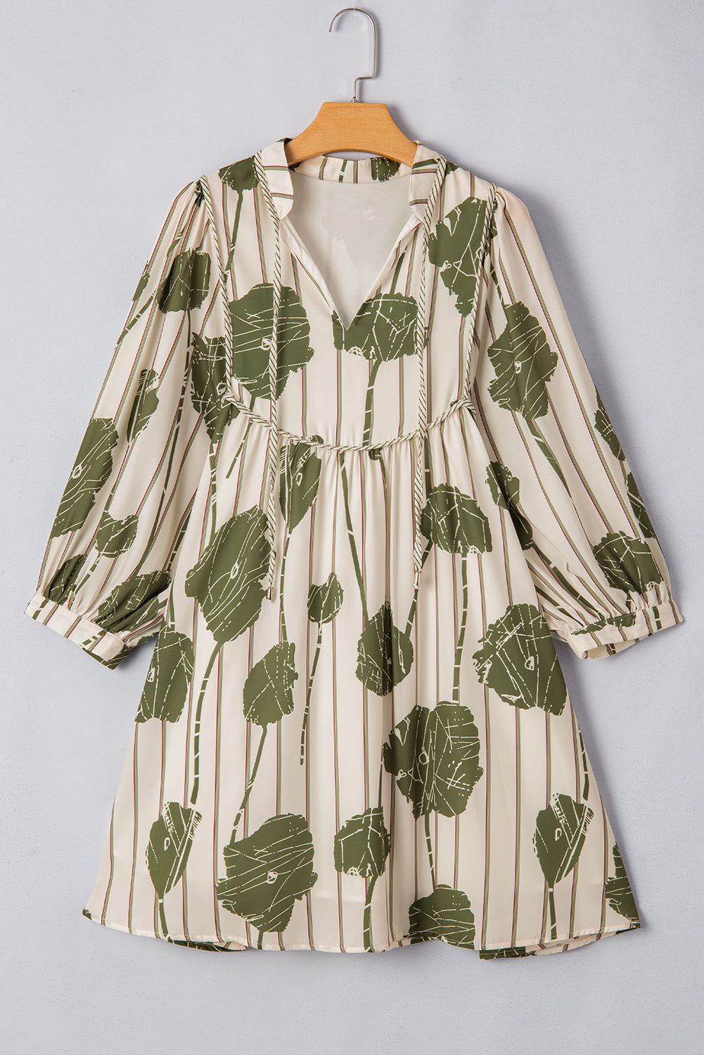 Guacamole Green Floral Striped Print Contrast Piping Puff Sleeve Dress