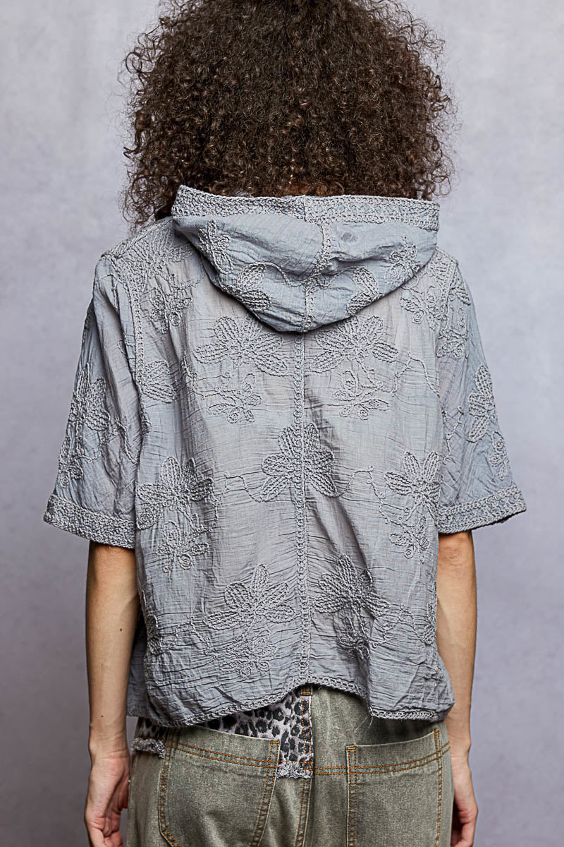 POL Button Front Floral Stitching Breathable Hooded Shirt-3
