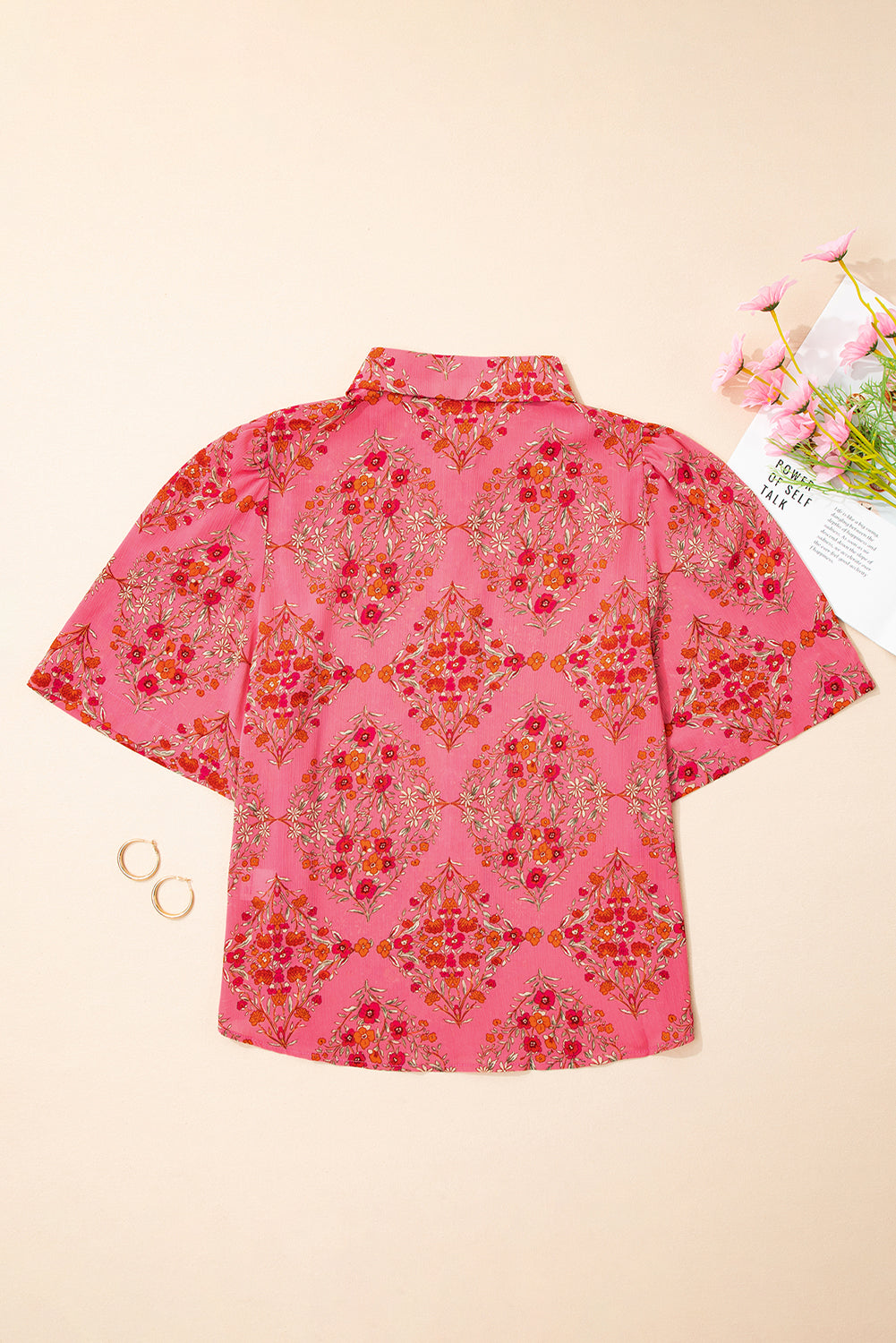 Rose Red Floral Print Wide Short Sleeve Loose Shirt