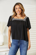 Double Take Contrast Square Neck Puff Sleeve Blouse-0