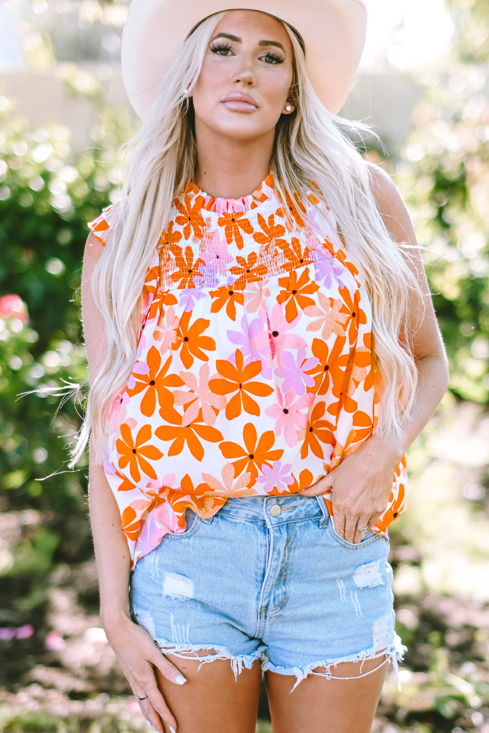 Alison Ruffled Sleeve Smocked Floral Top-0