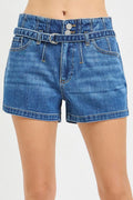 RISEN Double Button Slouchy Denim Shorts with Belt-0