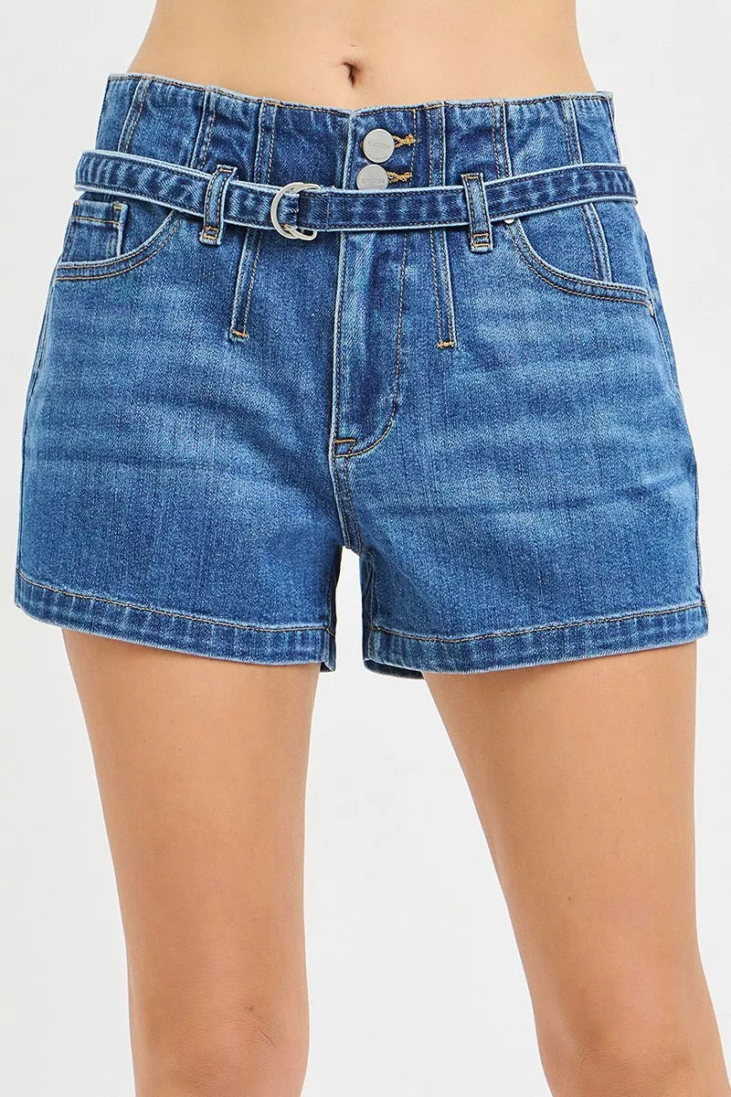 RISEN Double Button Slouchy Denim Shorts with Belt-0