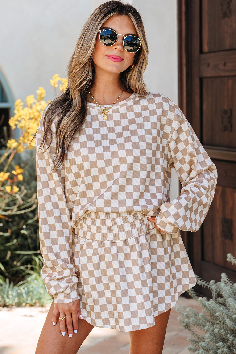 Emily Checkered Long Sleeve High Waist Skort 2pcs Set-3