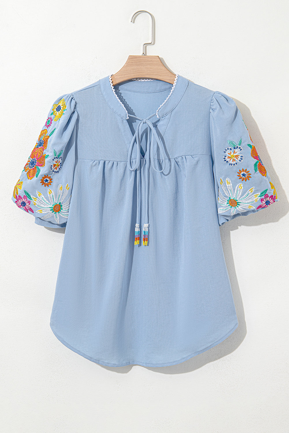 Hadlee Floral Embroidered Puff Sleeve Split Neck Blouse-3