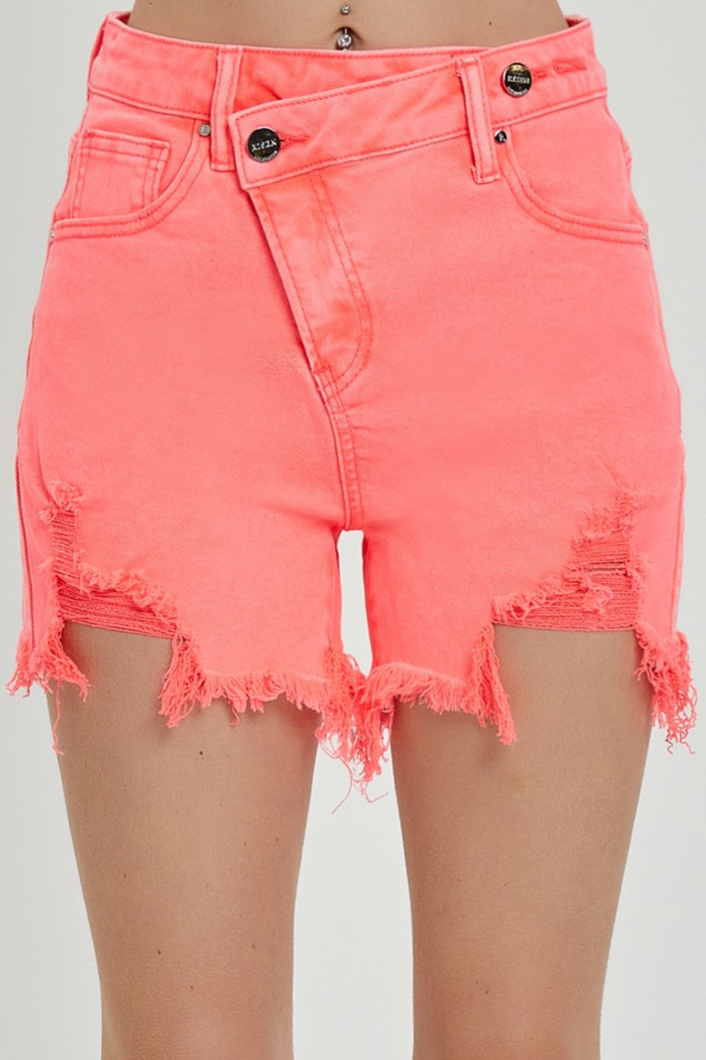 RISEN Raw Hem Asymmetrical Waist Denim Shorts-0