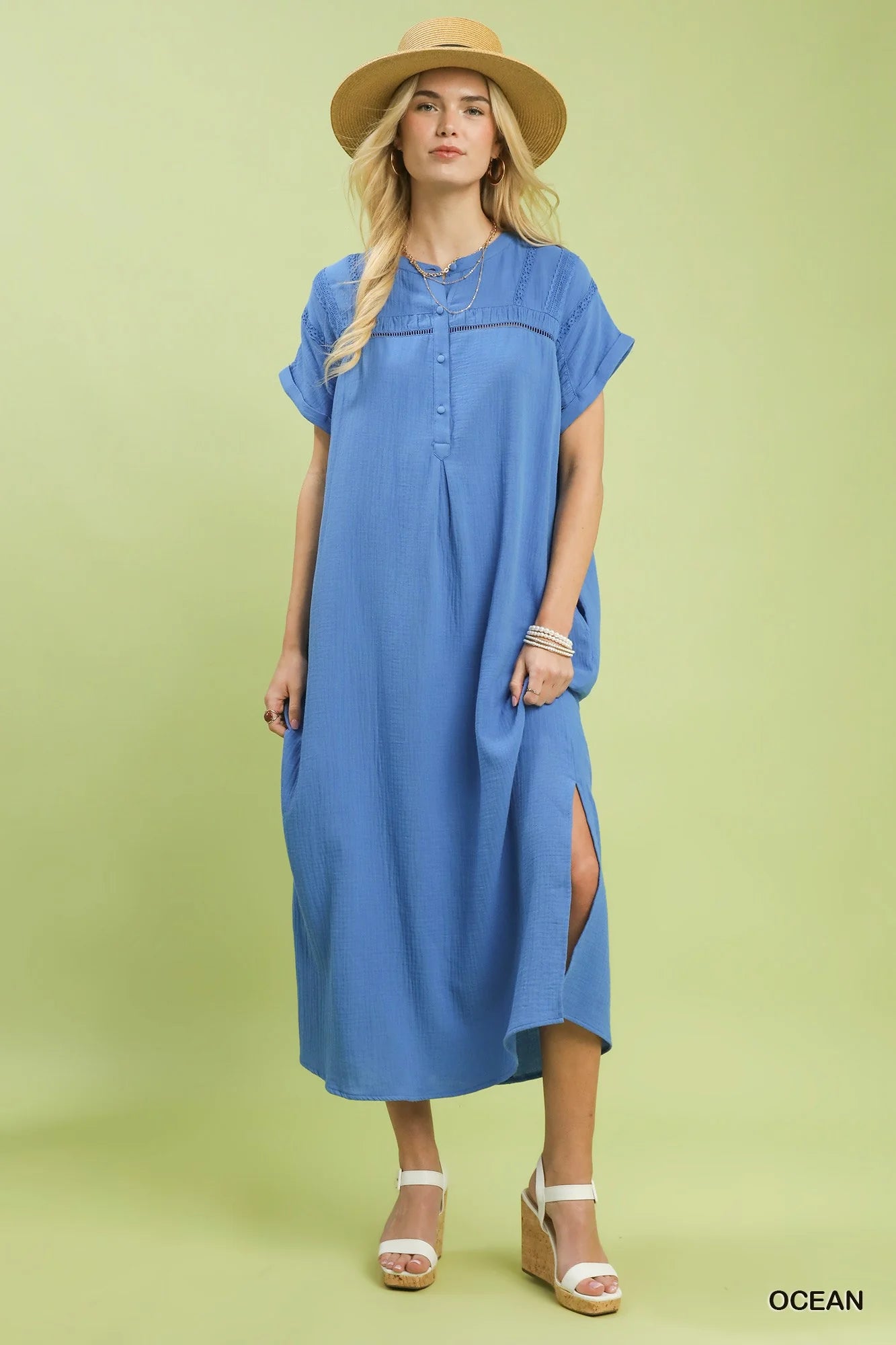 Umgee Button-Front Gauze Midi Dress with Lace Detail-0