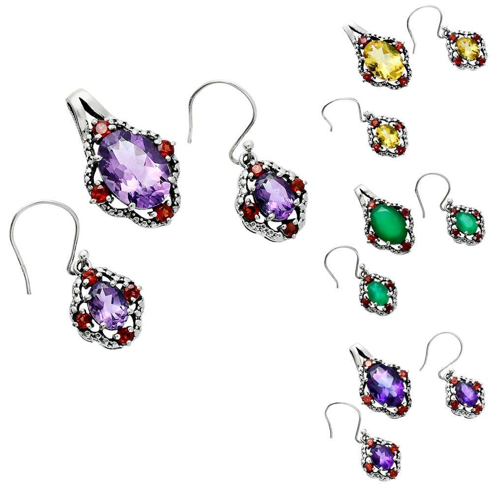 Oval Gemstone with Garnet Pendant Earrings Set 925 Sterling Silver AGT1010 T-1020-1