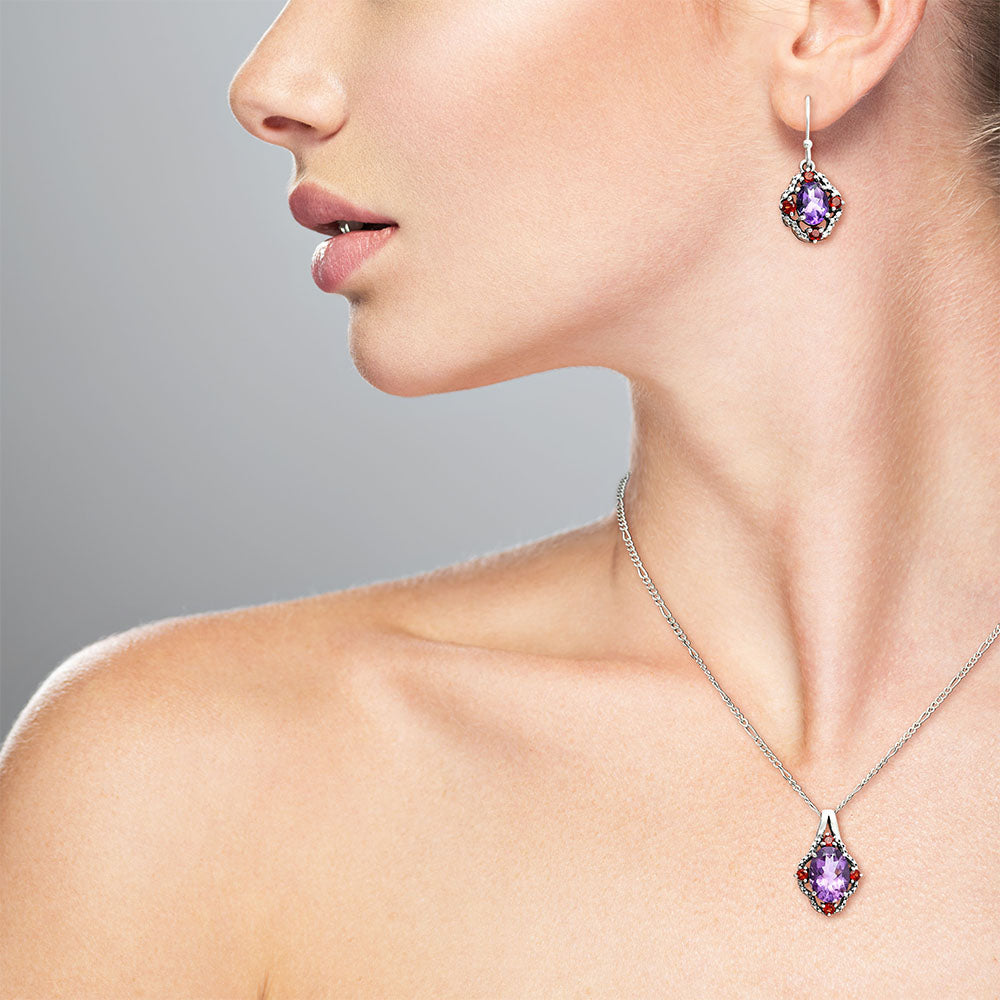 Oval Gemstone with Garnet Pendant Earrings Set 925 Sterling Silver AGT1010 T-1020-0