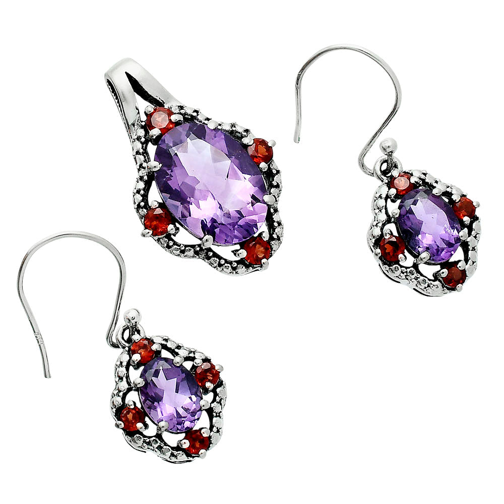 Oval Gemstone with Garnet Pendant Earrings Set 925 Sterling Silver AGT1010 T-1020-2