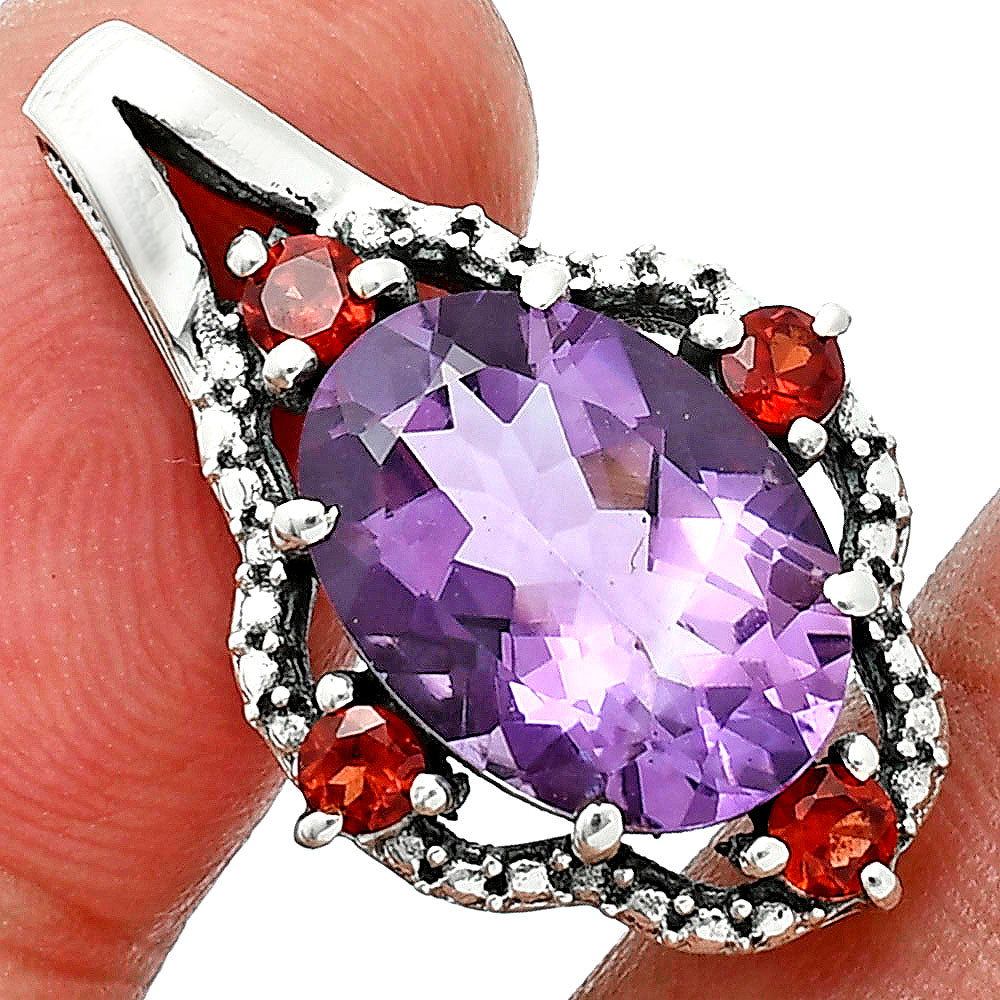 Oval Gemstone with Garnet Pendant Earrings Set 925 Sterling Silver AGT1010 T-1020-3