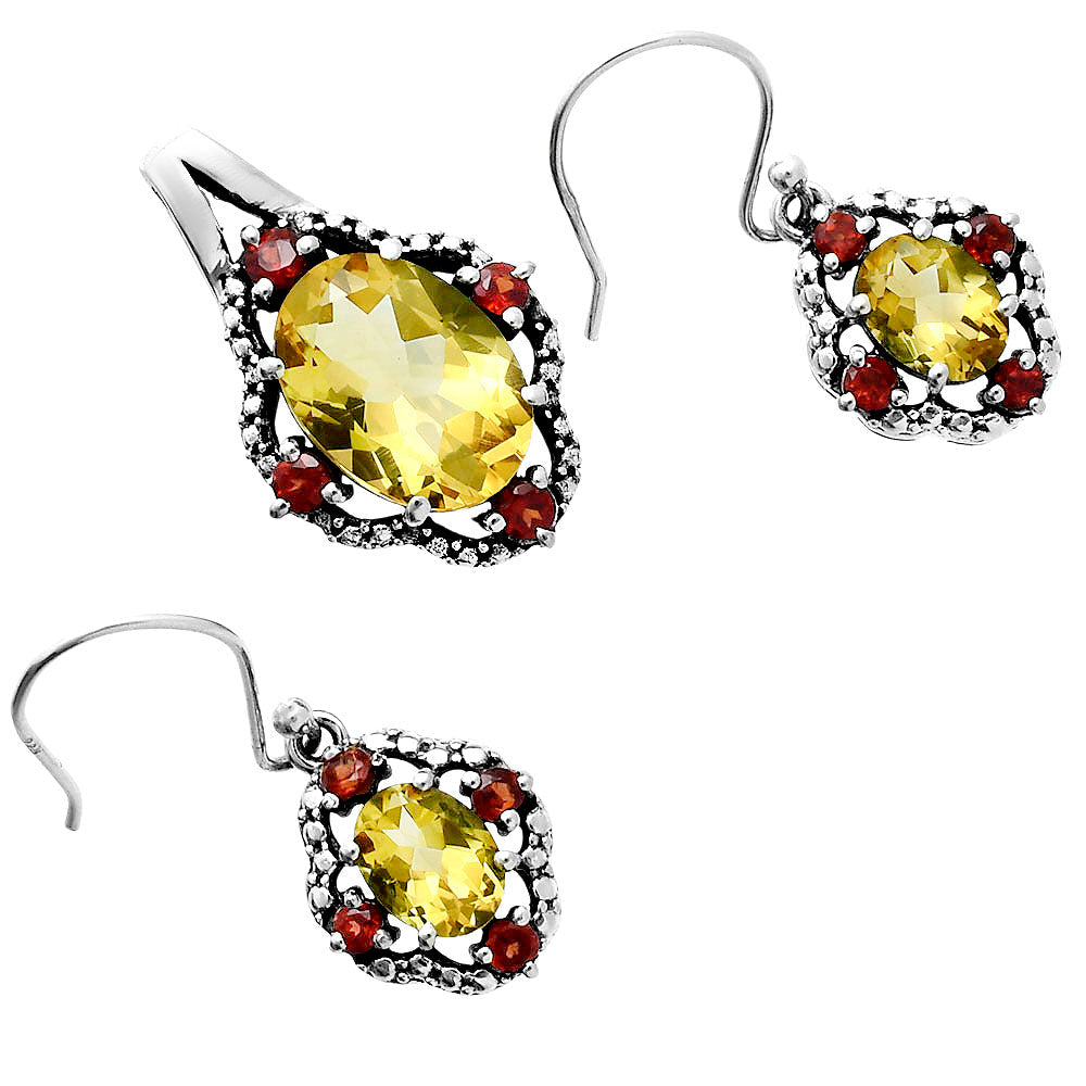 Oval Gemstone with Garnet Pendant Earrings Set 925 Sterling Silver AGT1010 T-1020-5