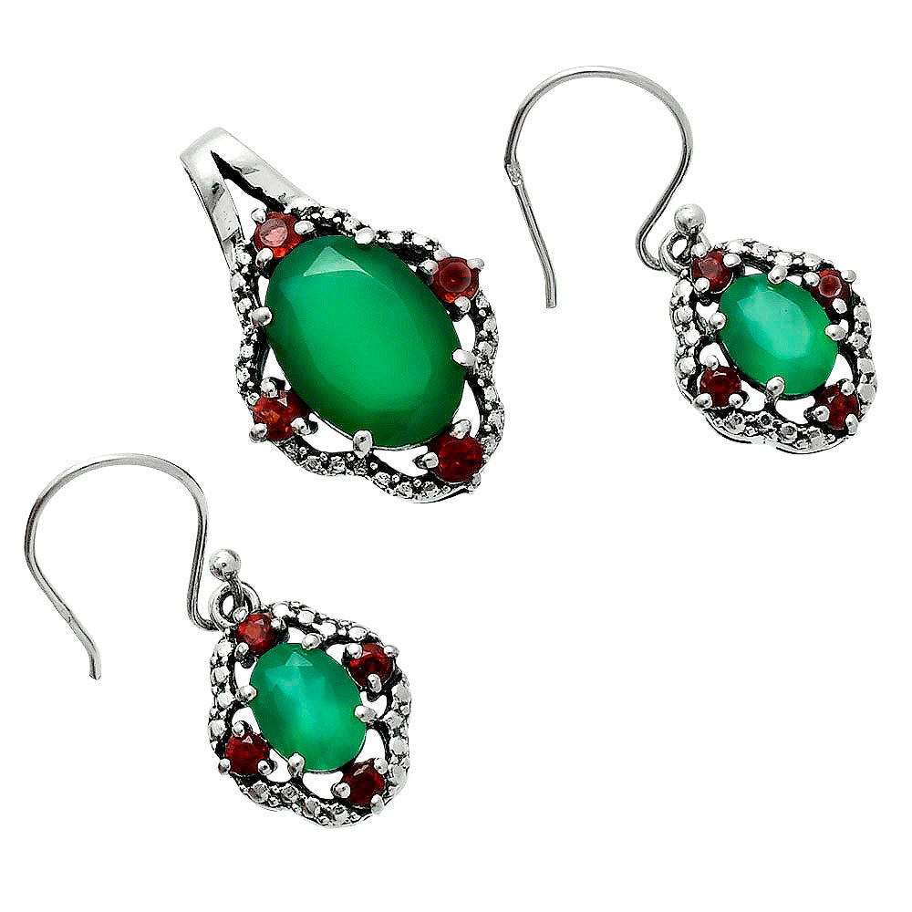 Oval Gemstone with Garnet Pendant Earrings Set 925 Sterling Silver AGT1010 T-1020-6