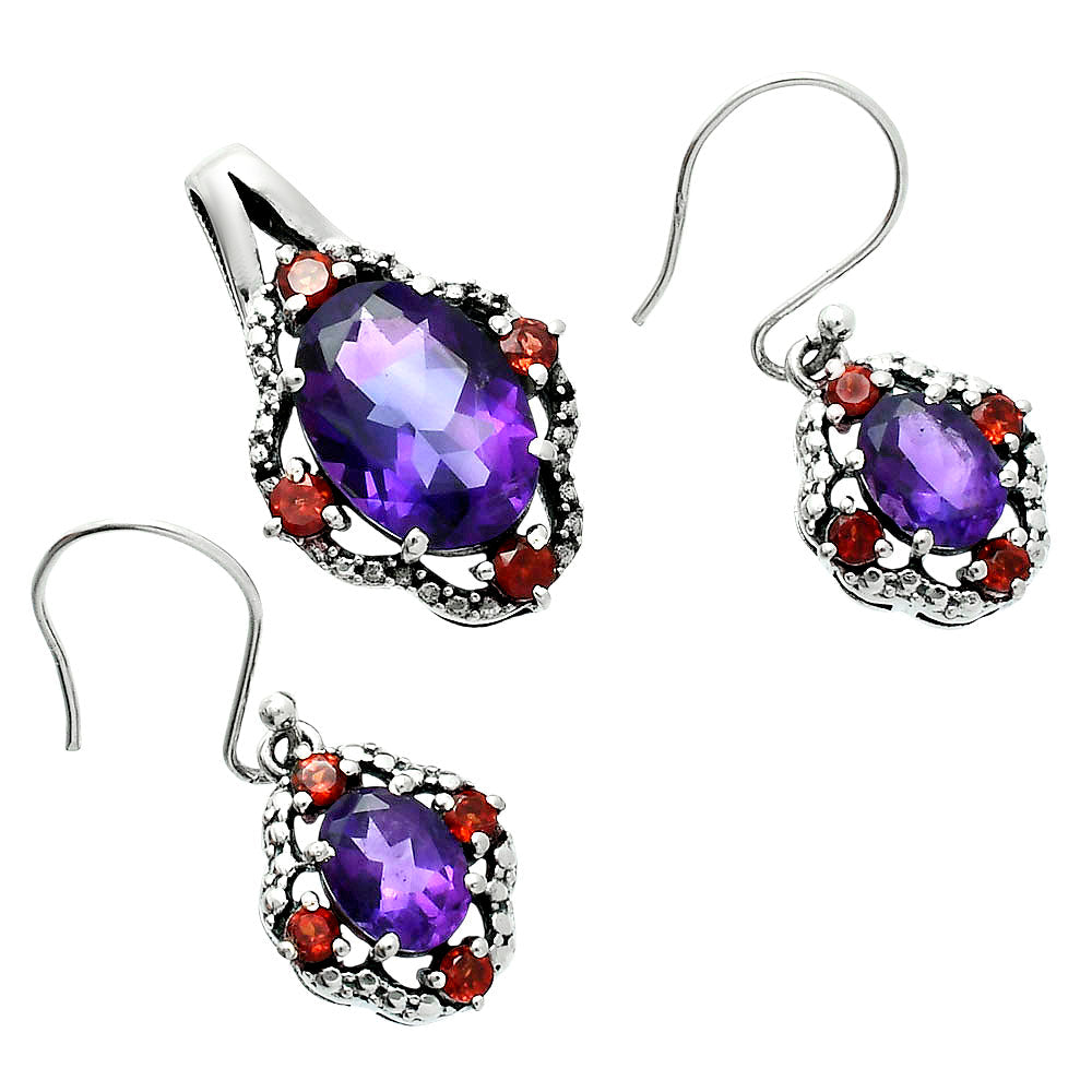 Oval Gemstone with Garnet Pendant Earrings Set 925 Sterling Silver AGT1010 T-1020-7