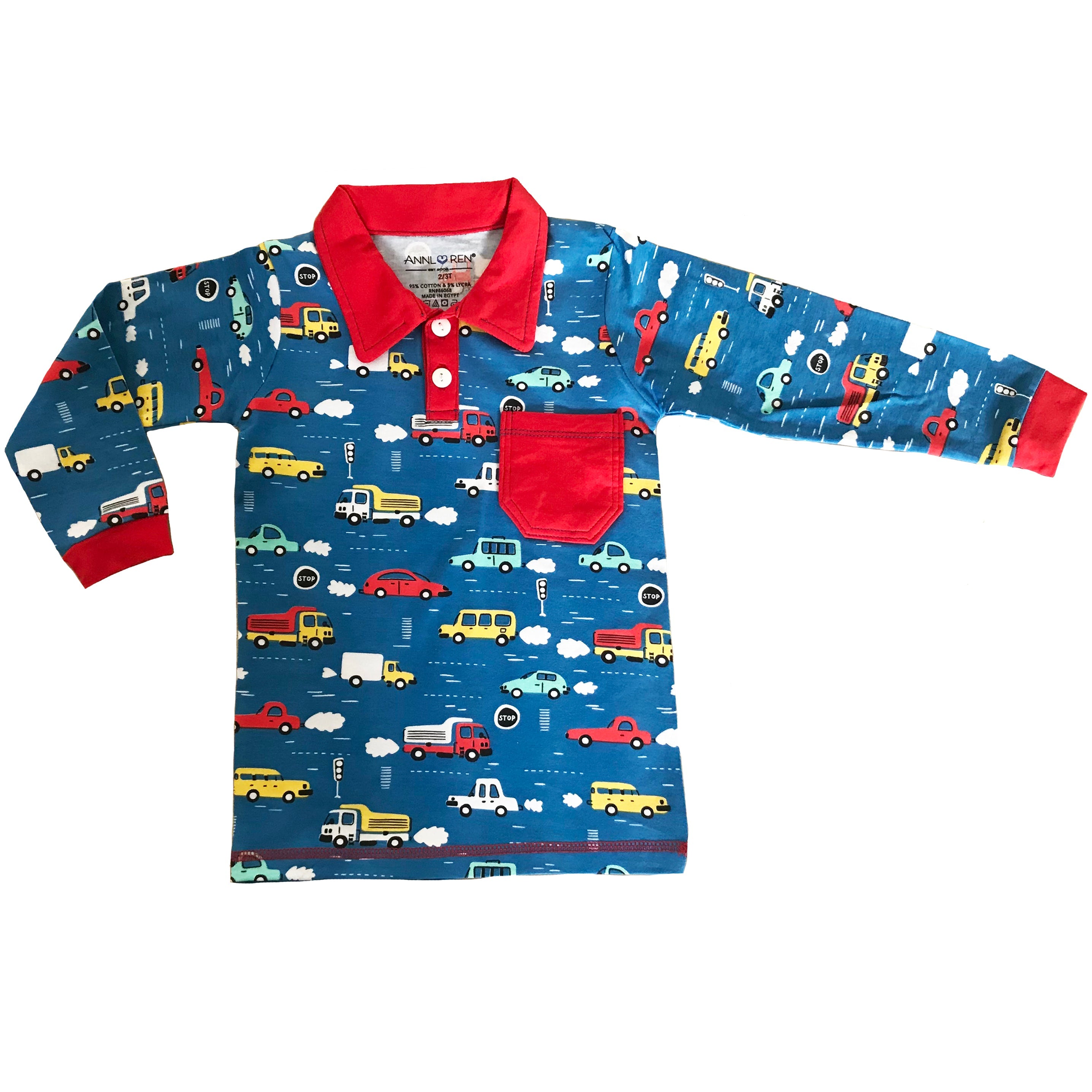 AnnLoren Toddler & Big Boys Long Sleeve Polo Shirt with Pocket Automobile Print-3