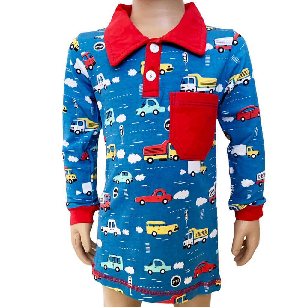 AnnLoren Toddler & Big Boys Long Sleeve Polo Shirt with Pocket Automobile Print-0