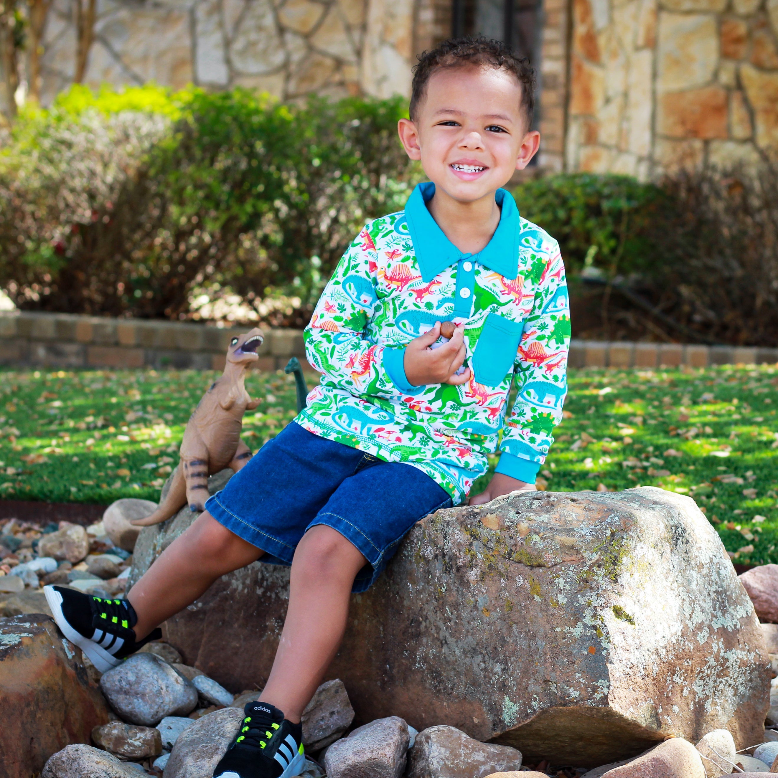 AnnLoren Toddler & Big Boys Long Sleeve Polo Shirt with Pocket Dinosaur Print-2