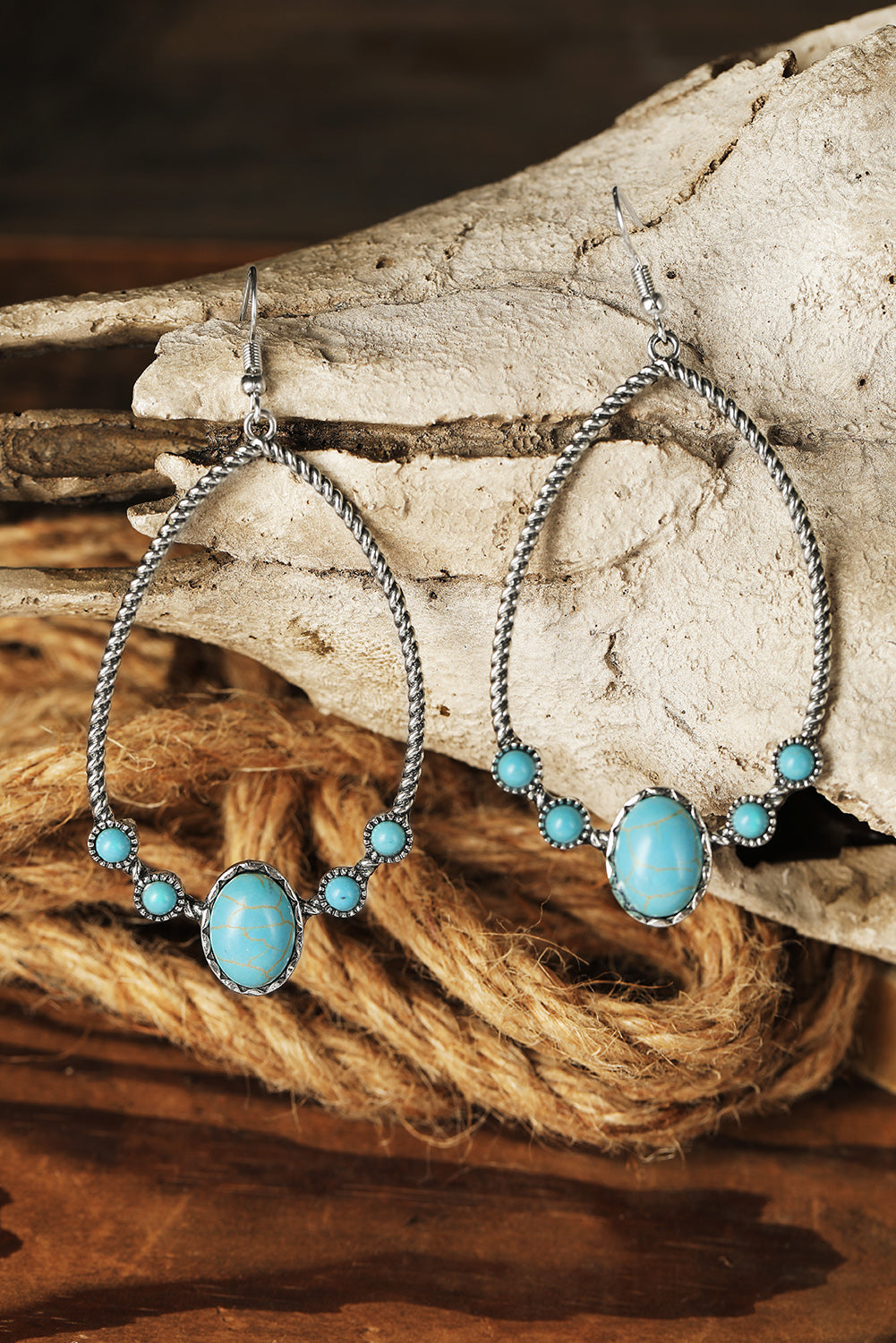 Silver Western Turquoise Water Drop Hook Earrings-1