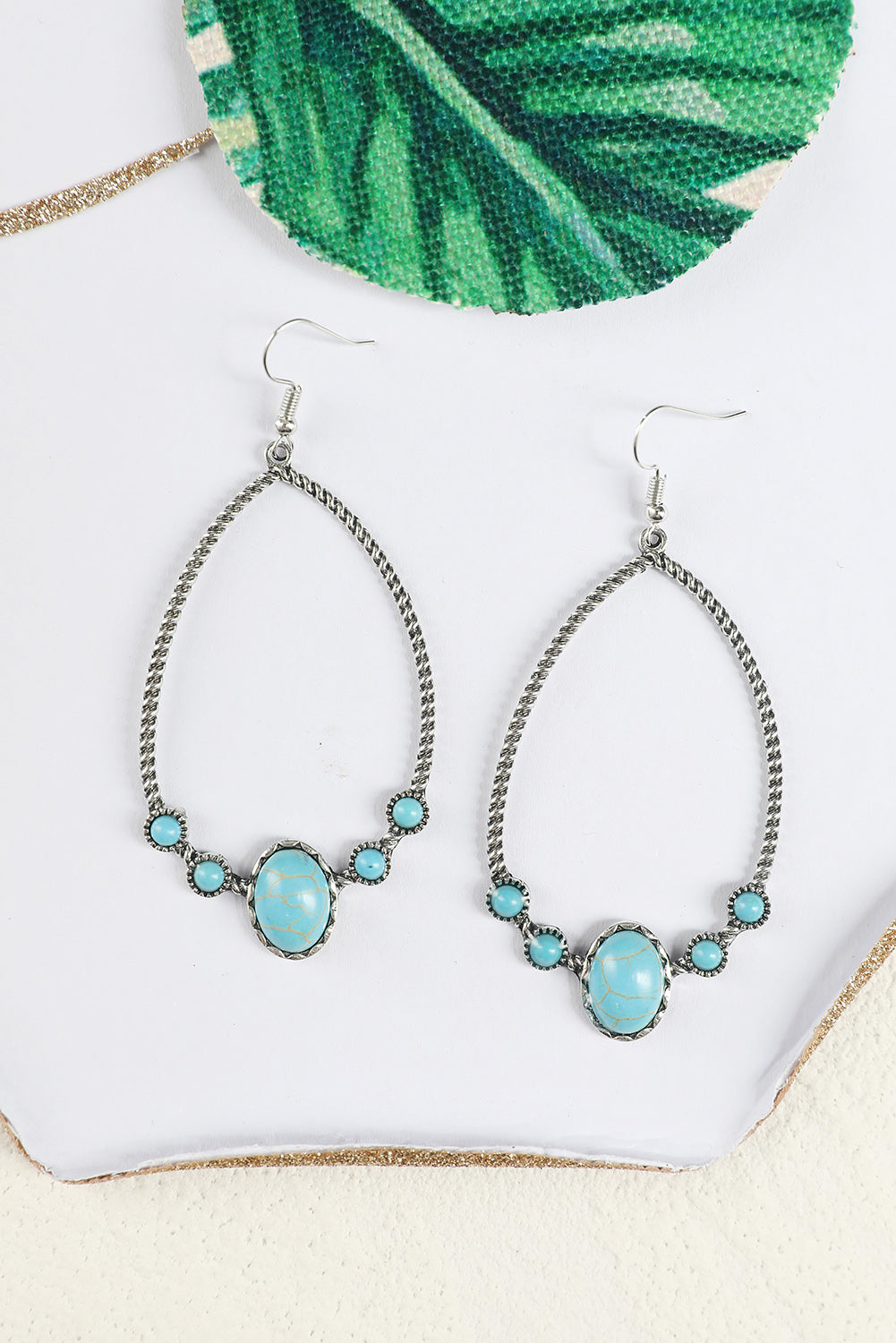 Silver Western Turquoise Water Drop Hook Earrings-0